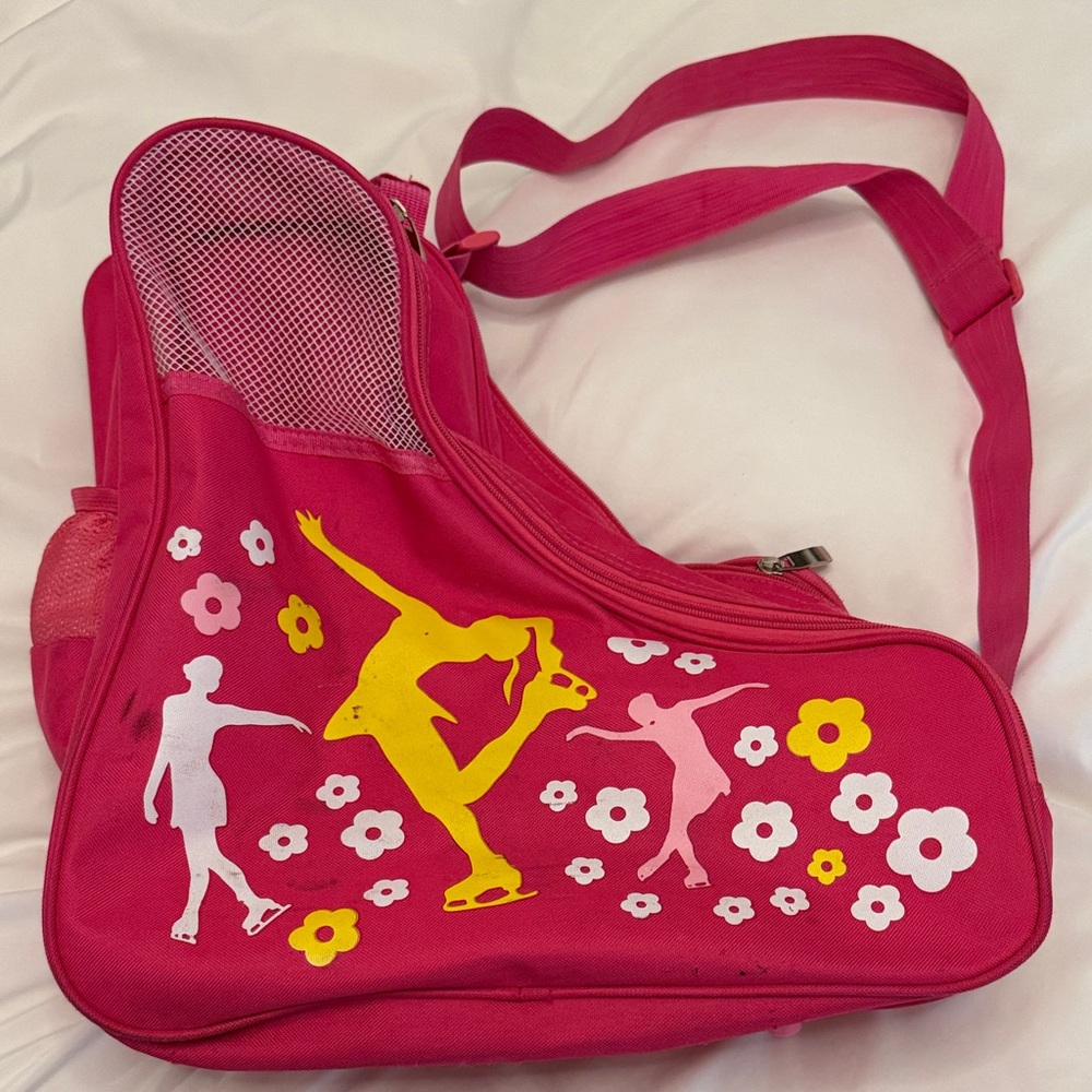 Pink Figure Skate Crossbody Bag with Floral Motif